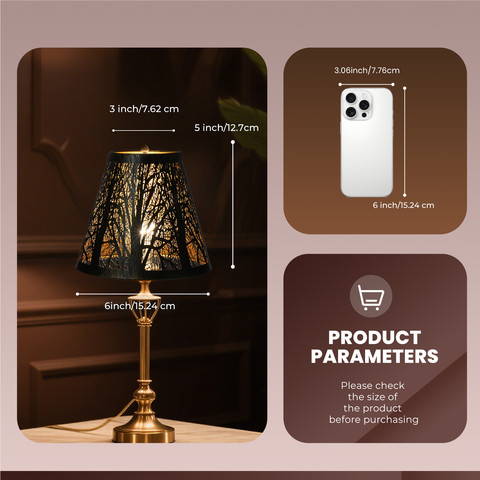 Alucset Metal Tree Shadow Lampshade – 5"x3"x6", Spider Fitter for Table Lamps, Etched Forest Design with Gold Inner Finish, Fits Standard Harp Bases