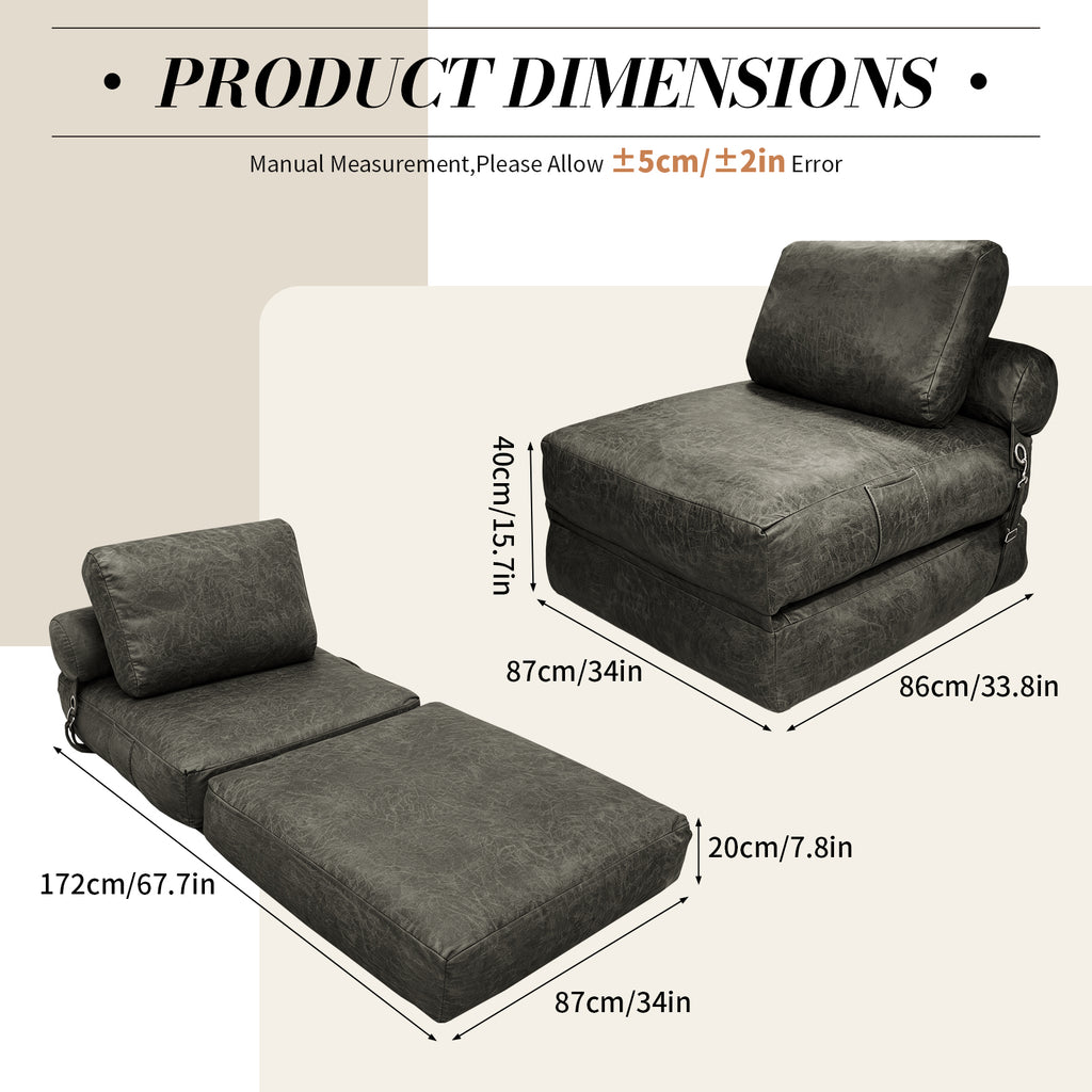 AEELLEEA 3-in-1 Convertible Folding Sofa Bed, Foam Sleeper Chair with Pillow, Floor Sofa for Living Room and Bedroom, Dark Gray