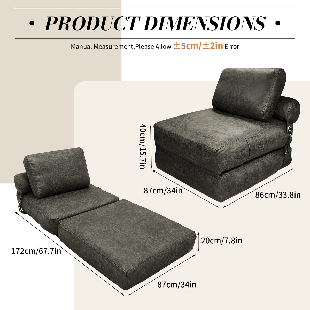 AEELLEEA 3-in-1 Convertible Folding Sofa Bed, Foam Sleeper Chair with Pillow, Floor Sofa for Living Room and Bedroom, Dark Gray