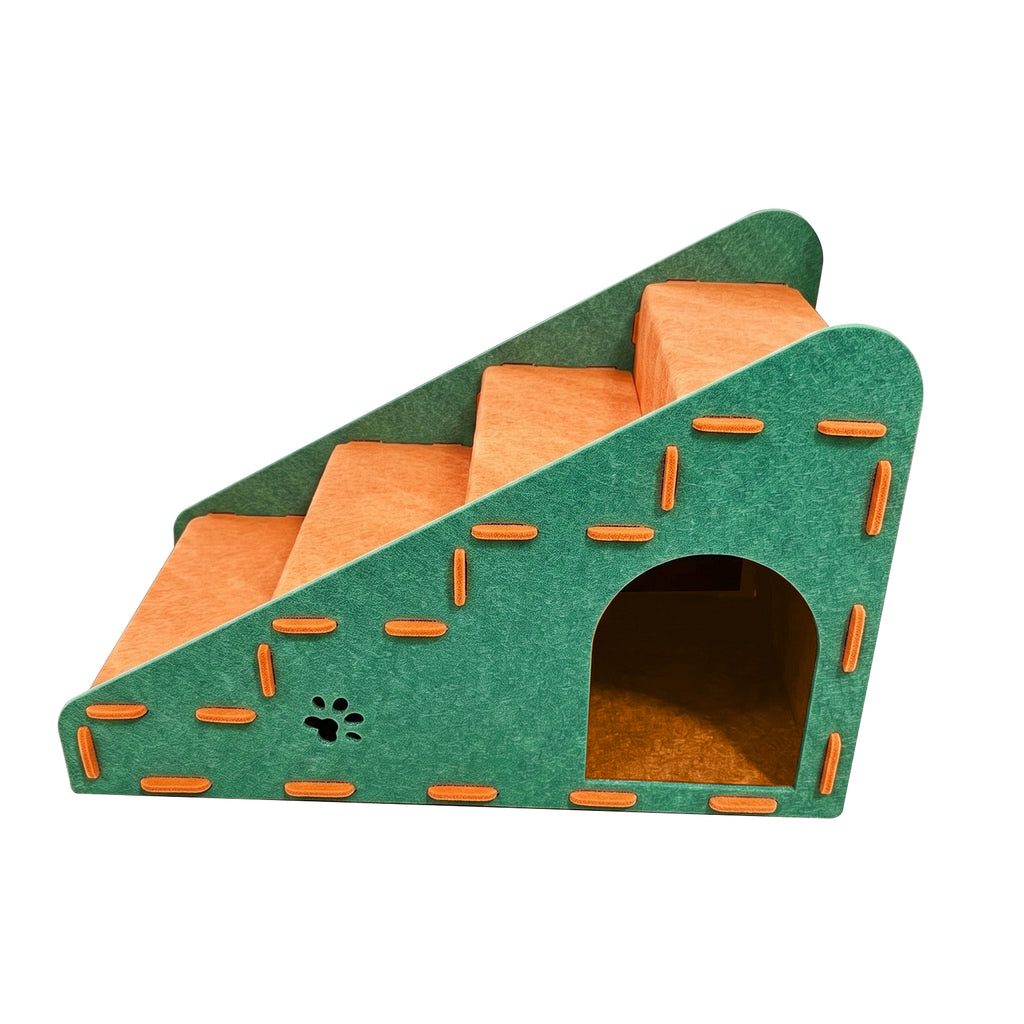 4-Step Felt Pet Stairs with Hideaway Cave, Non-Slip Dog Cat Ramp Steps for Sofa Bed, Small Pet Climbing Ladder