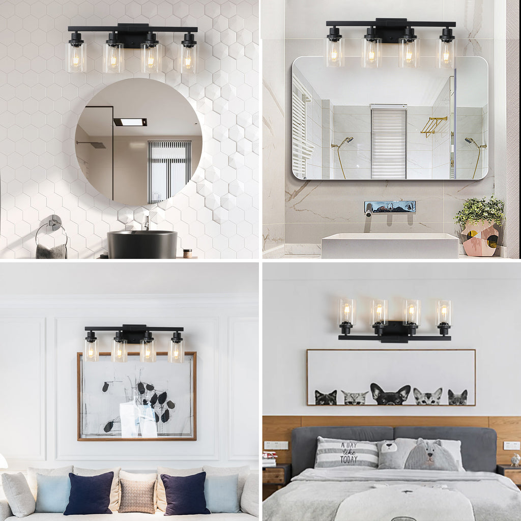 4-Light Vanity Makeup Mirror Lamp, Black Iron Base & Lamp Cup Connector, Clear Glass Lampshade, Wall Mounted Makeup Light for Dressing Table, Bedroom & Bathroom Home Decor