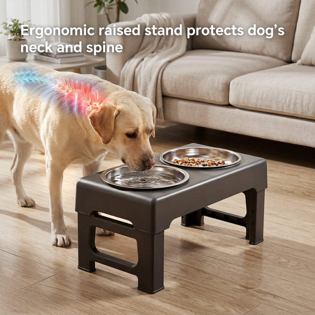 Adjustable Height Raised Dog Bowl Stand with Slow Feeder Bowl & Regular Stainless Steel Bowl, Elevated Pet Feeder Station for Small Medium Large Dogs