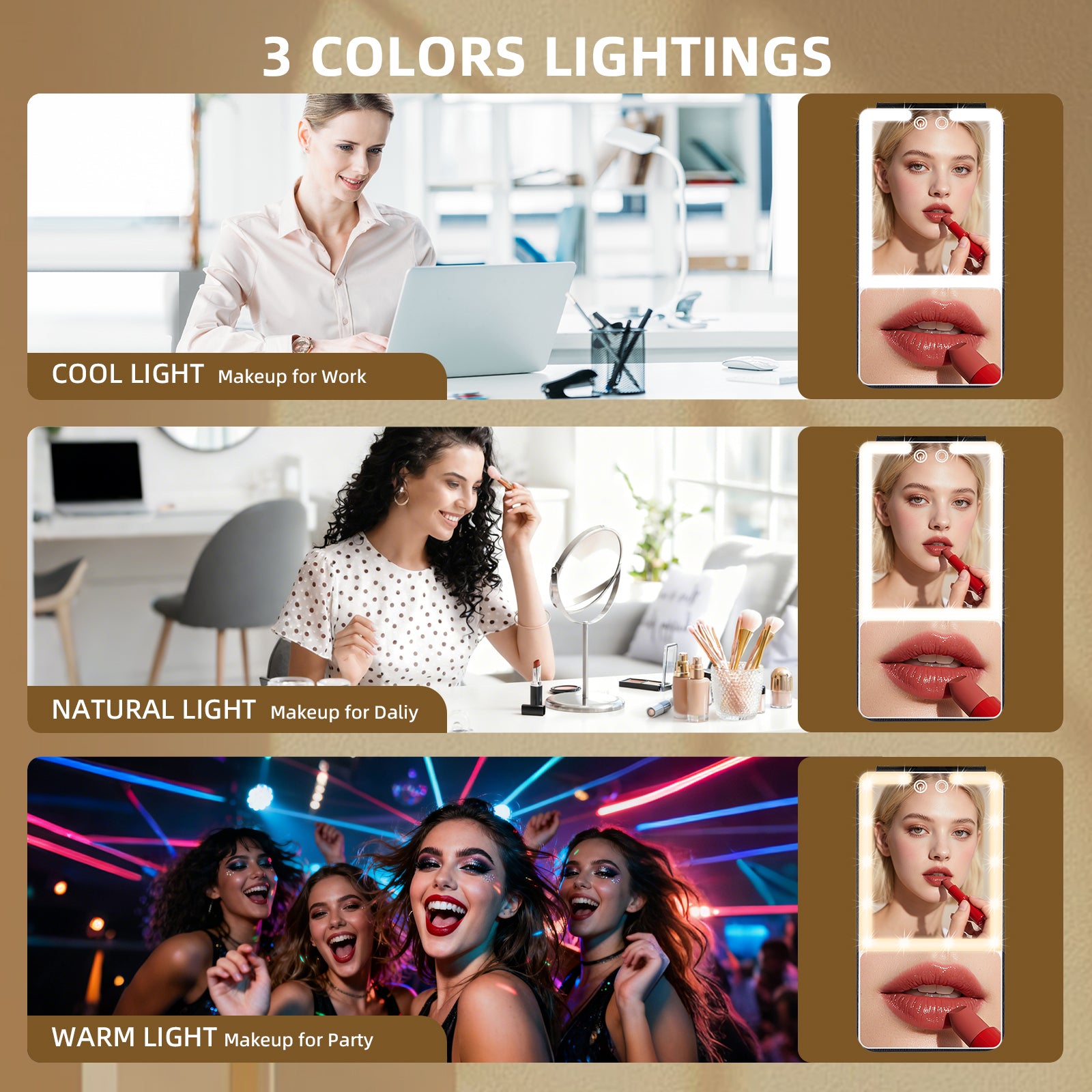 20X Magnification LED Travel Mirror  3Color Light Black Leather Case Portable