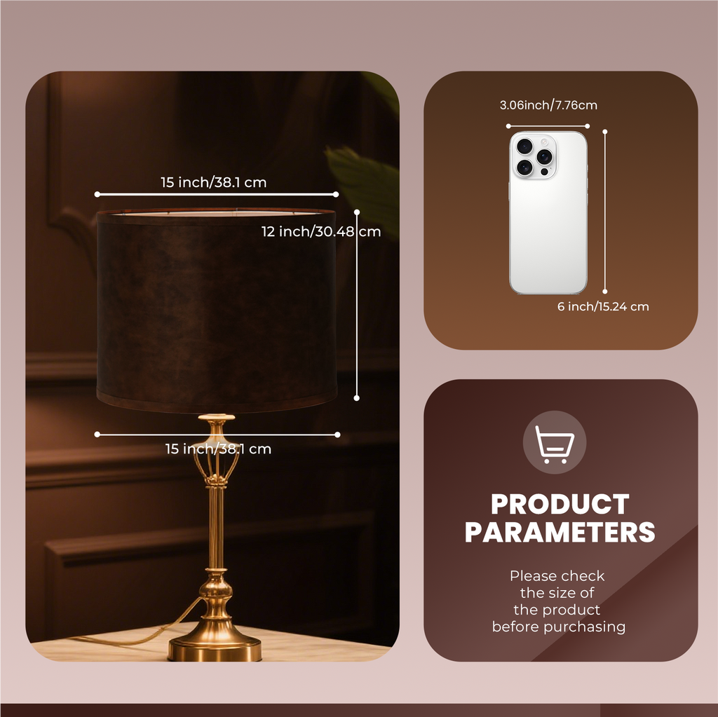 ALUCSET 2-Pack 15"×12" Brown Faux Leather Drum Lamp Shades, Spider Fitter with Harp Included for Table & Floor Lamps