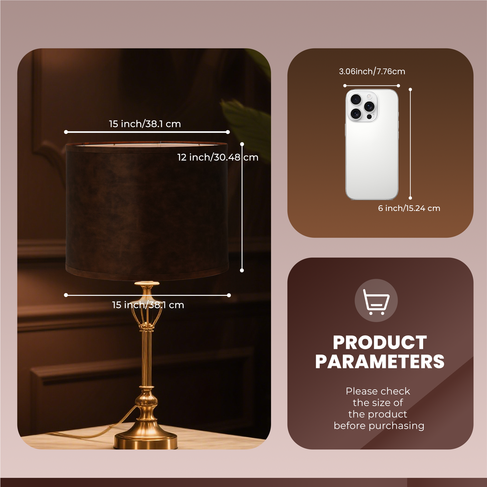 ALUCSET 2-Pack 15"×12" Brown Faux Leather Drum Lamp Shades, Spider Fitter with Harp Included for Table & Floor Lamps