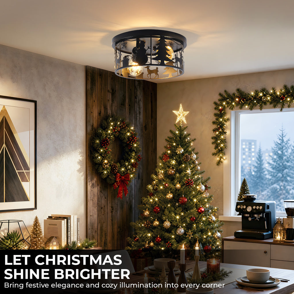 Round Matte Black Flush Mount Ceiling Light, Christmas Snowman Deer Tree Cutout Iron Ceiling Lamp, Vintage E26 Ceiling Light for Bedroom Hallway