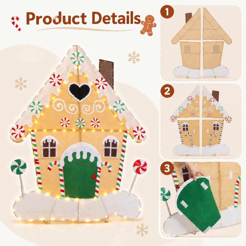 50" H 2D Gingerbread House Lighted Christmas Yard Decorations Set of 3 with 180 LED Lights