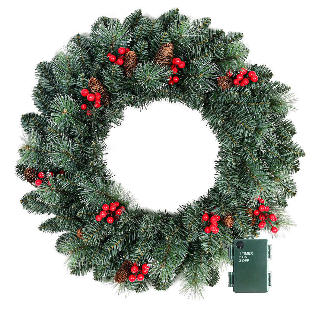 25" Pre-Lit Christmas Wreath with 70 Warm White LED Lights, Battery Operated Pine Needle Wreath with Berries & Pine Cones for Front Door.