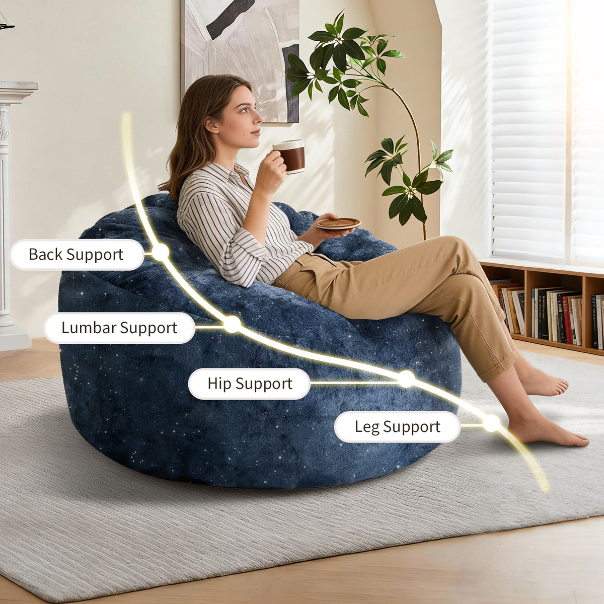 AEELLEEA Sparkling Snow Neil Round Bean Bag Chair, High Density Sponge Beanbag with Non-Slip Base for Home Relax