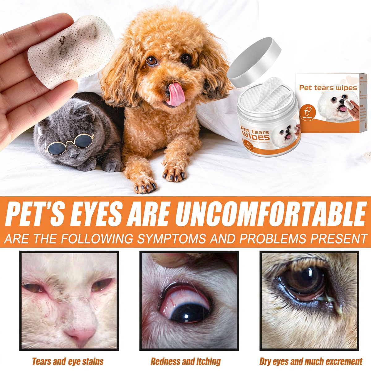 AEELLEEA Pet Tear Stain Wipes for Dogs Cats, Natural Aloe Chamomile Eye Cleaning Wipes, Hypoallergenic, 60 Count