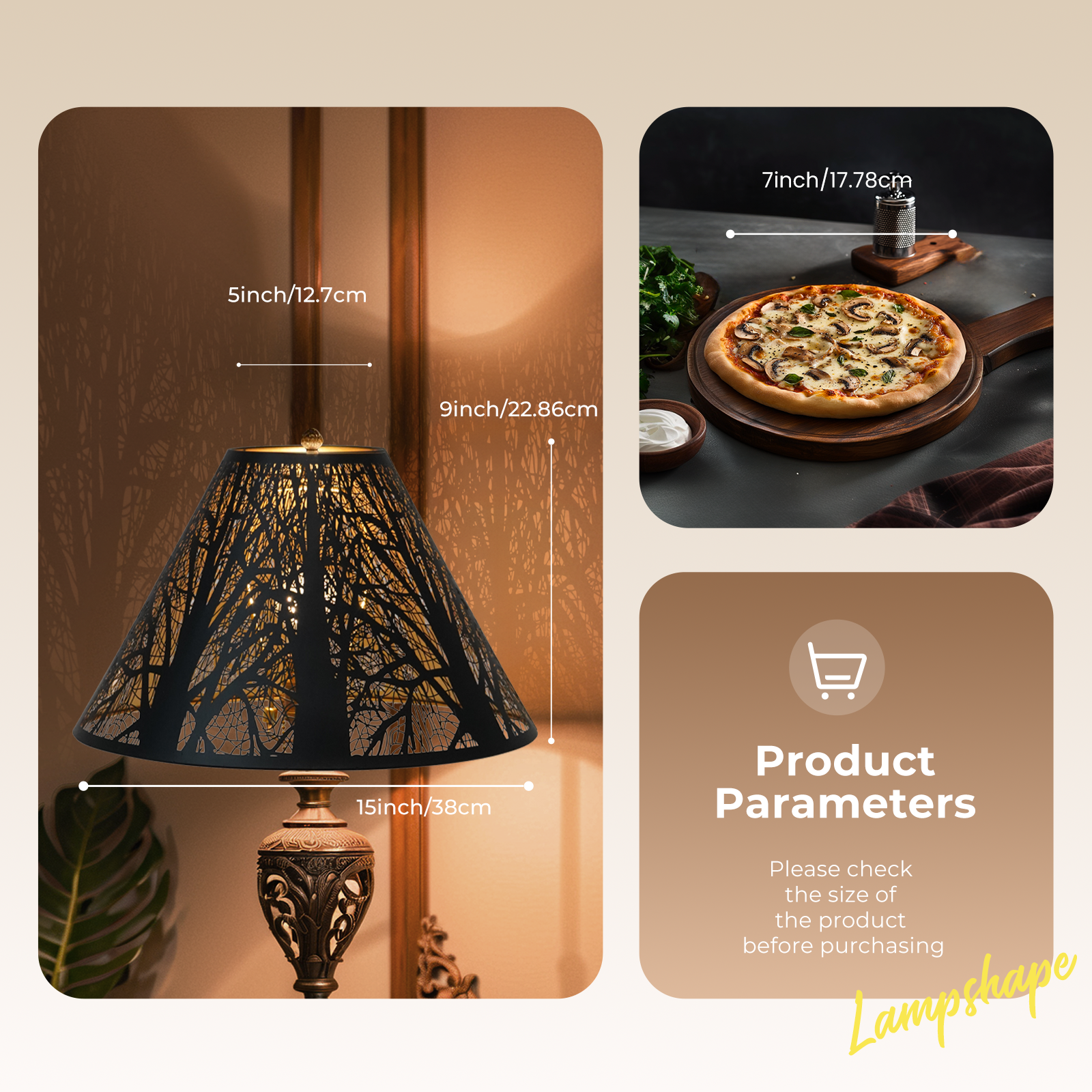ALUCSET 5"×15"×9" Forest Etched Metal Lamp Shade, Black Gold Tree Shadow Glow Lampshade with Spider Fitter for Table & Floor Lamps