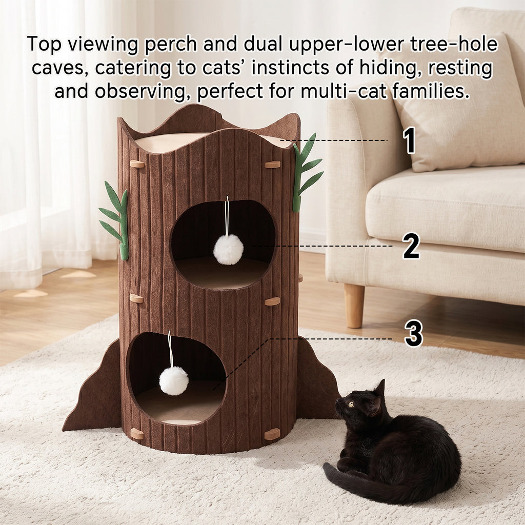 2-Tier Felt Cat House for Indoor Cats, Foldable Cat Bed Cave with Hanging Toy Ball, Scratch-Resistant Hideaway for Play & Sleep