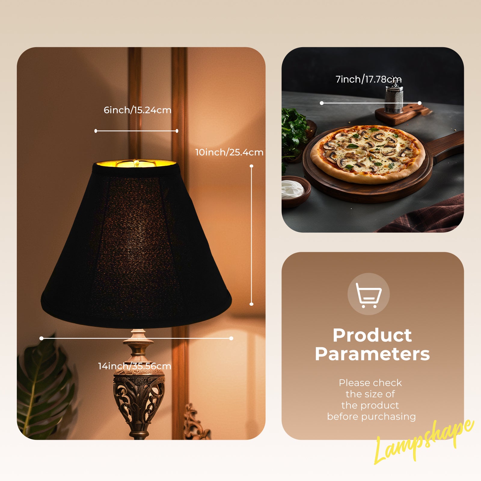 Black Bell Lamp Shade, Spider Fitter Fabric Lampshade for Table & Floor Lamp, 6"×14"×10"