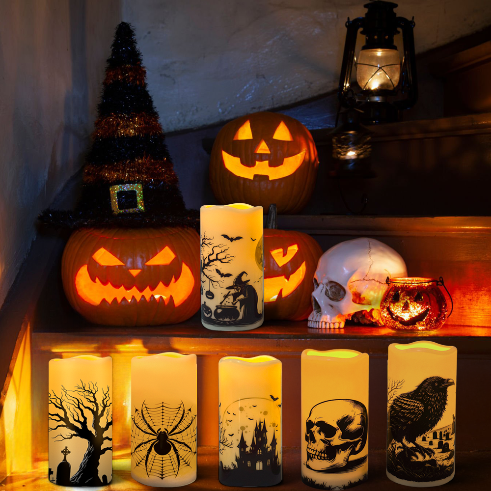 Halloween LED Flameless Flickering Candles,Horror stickers such as skeletons, spider webs, crows, ravens, etc., Halloween-themed indoor decorations (3-piece set, diameter 3 inches x height 6 inches)