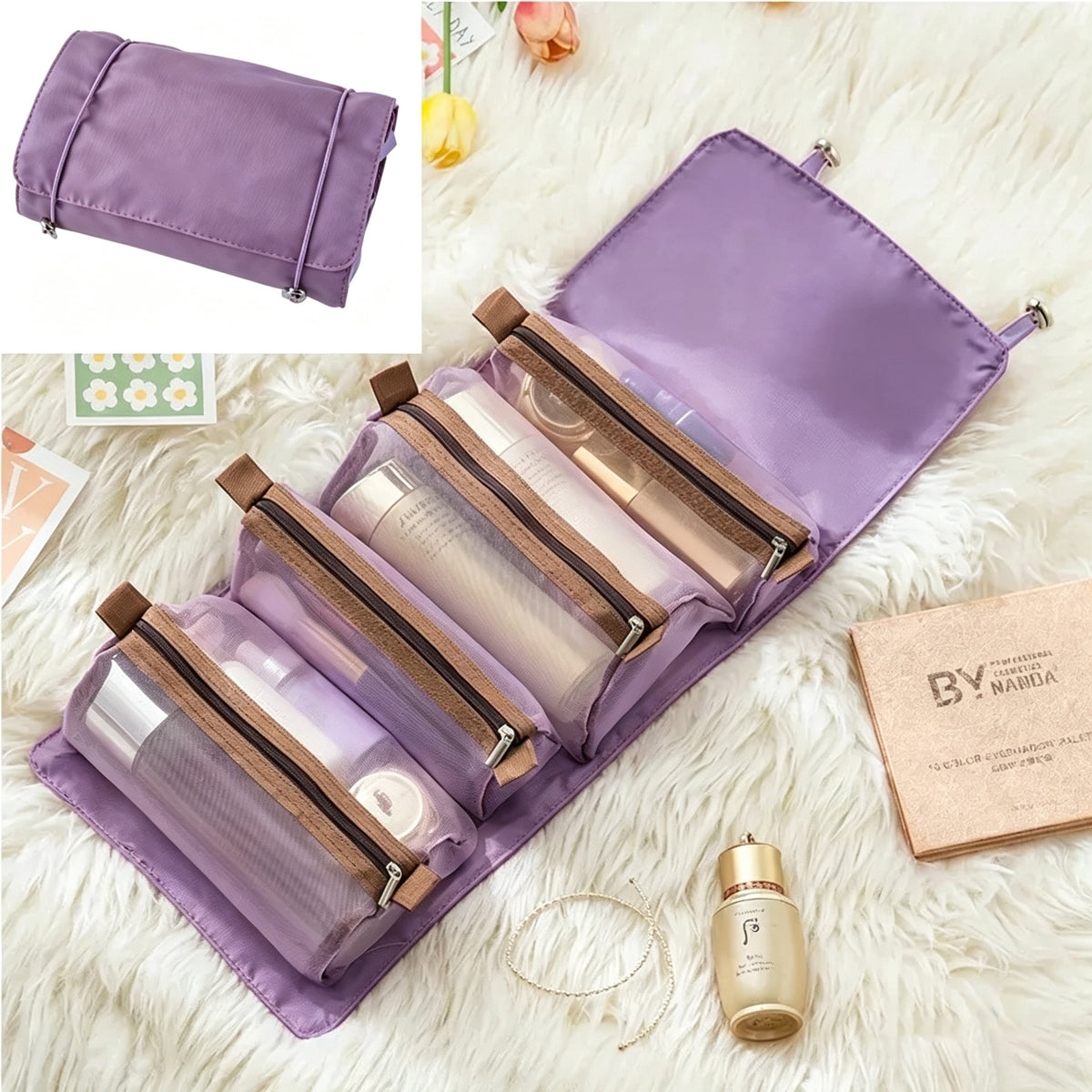 Roll Up Travel Makeup Bag with 4 Detachable Mesh Pouches, Portable Foldable Cosmetic Toiletry Organizer for Vacation & Daily Use