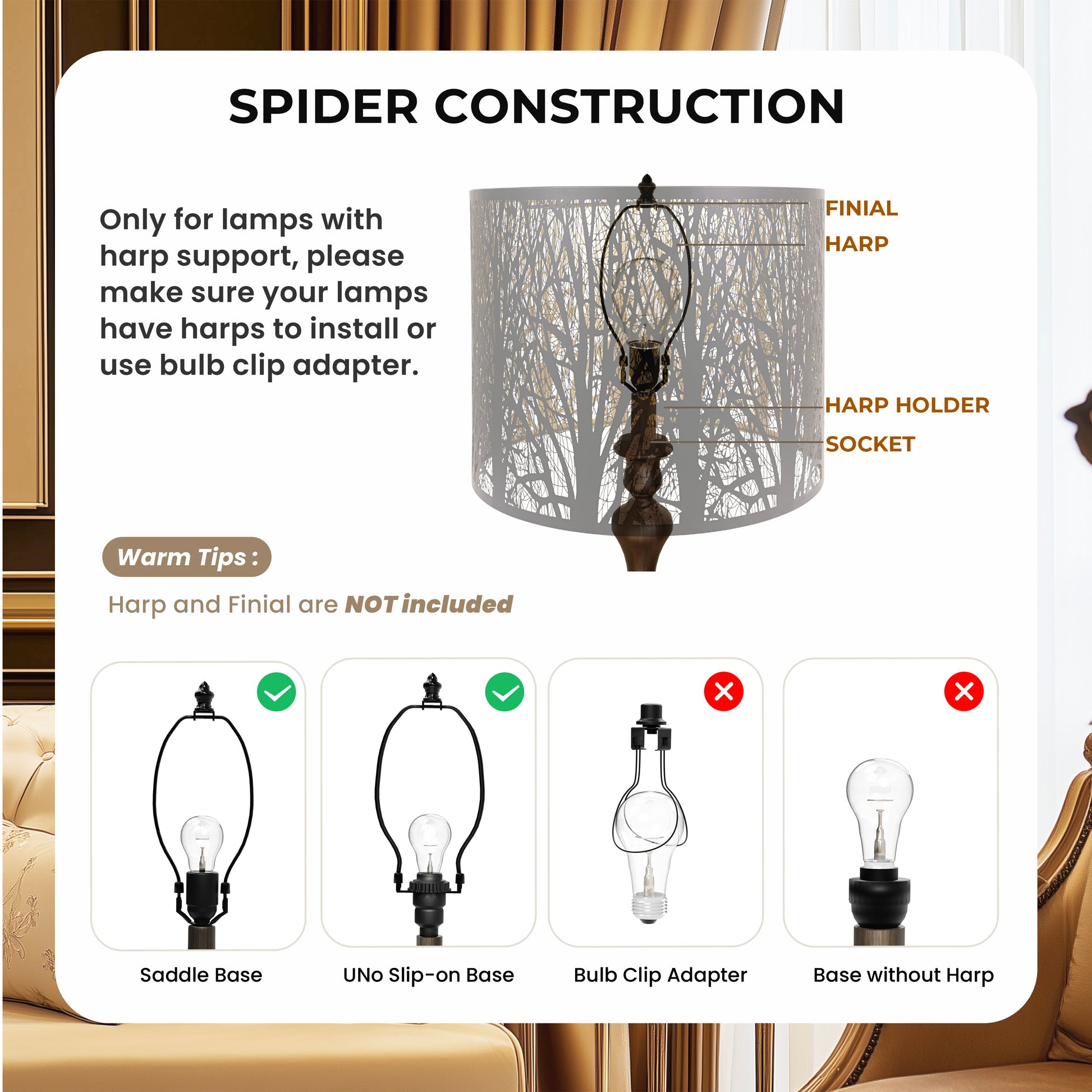 ALUCSET 14"×11" Drum Metal Lamp Shade, Black Gold Forest Etched Tree Shadow Lampshade with Spider Fitter for Table, Floor & Pendant Lights