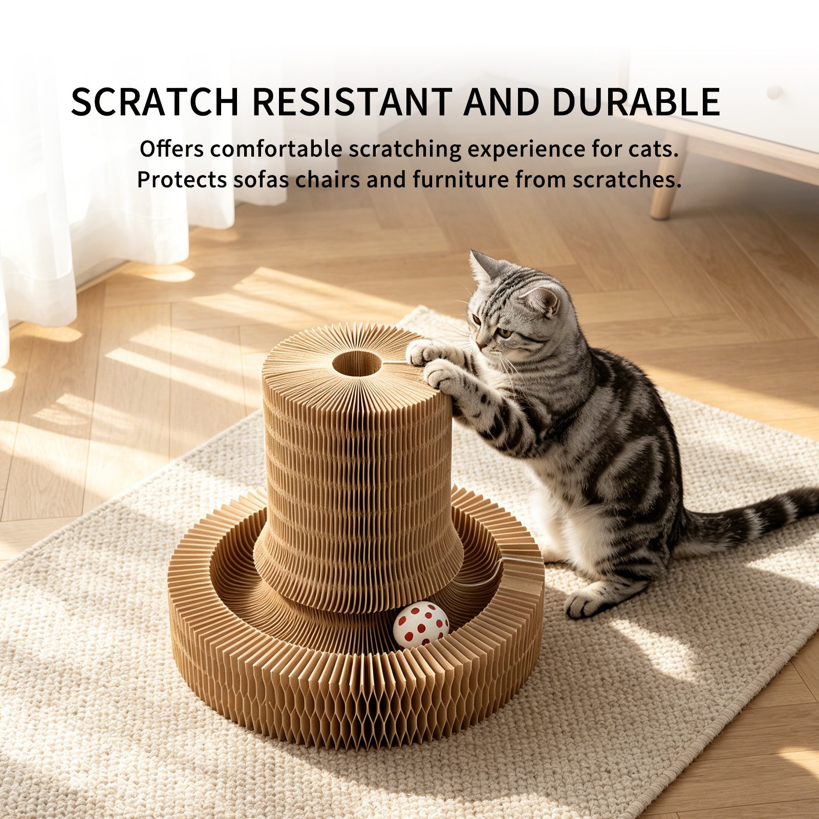 Magic Accordion Cat Scratcher Toy, Foldable Corrugated Cardboard Cat Scratching Board with Ball Track, Interactive Indoor Cat Toy & Furniture Protector