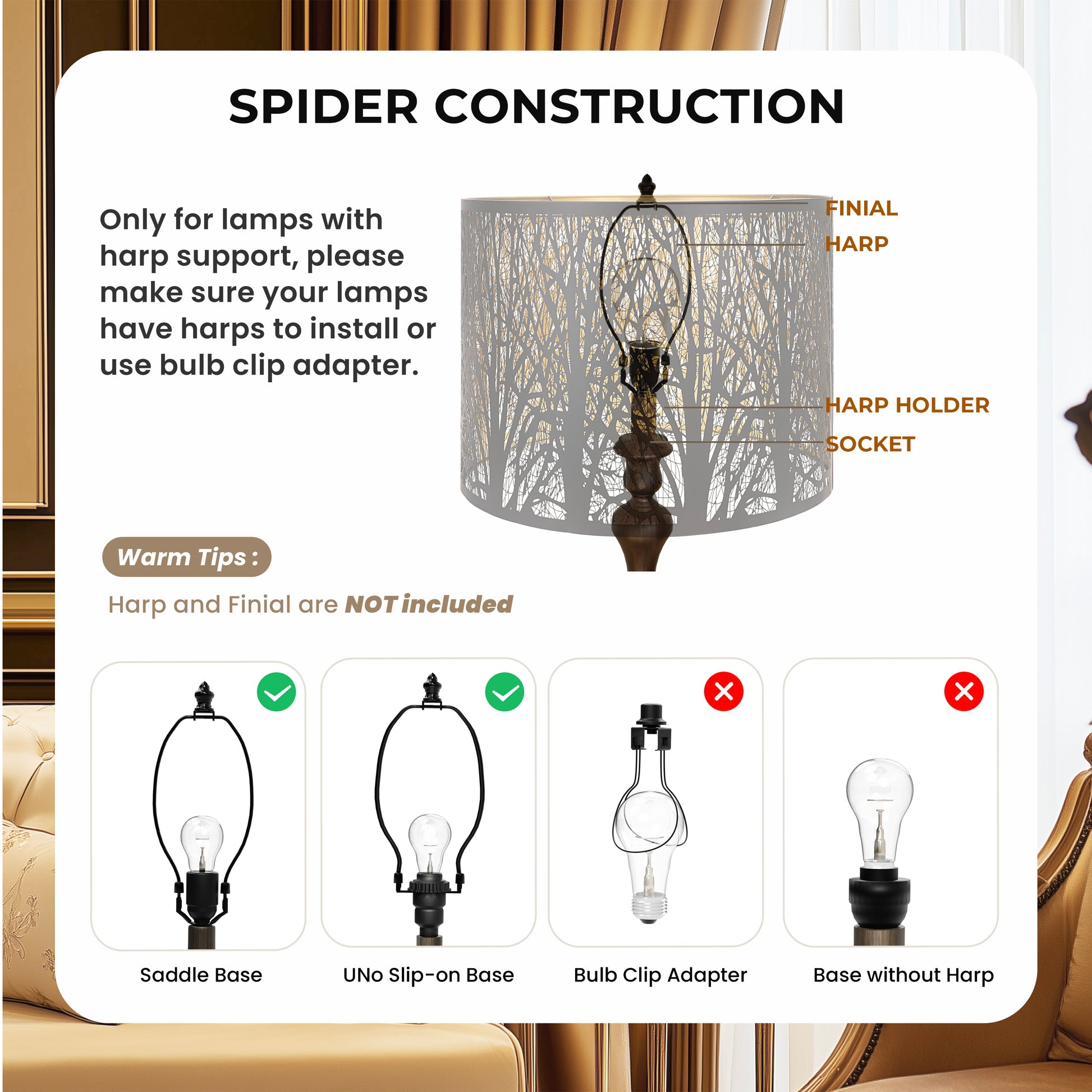 ALUCSET 16"×12" Drum Metal Lamp Shade, Black Gold Forest Etched Tree Shadow Lampshade with Spider Fitter for Table, Floor & Pendant Lights
