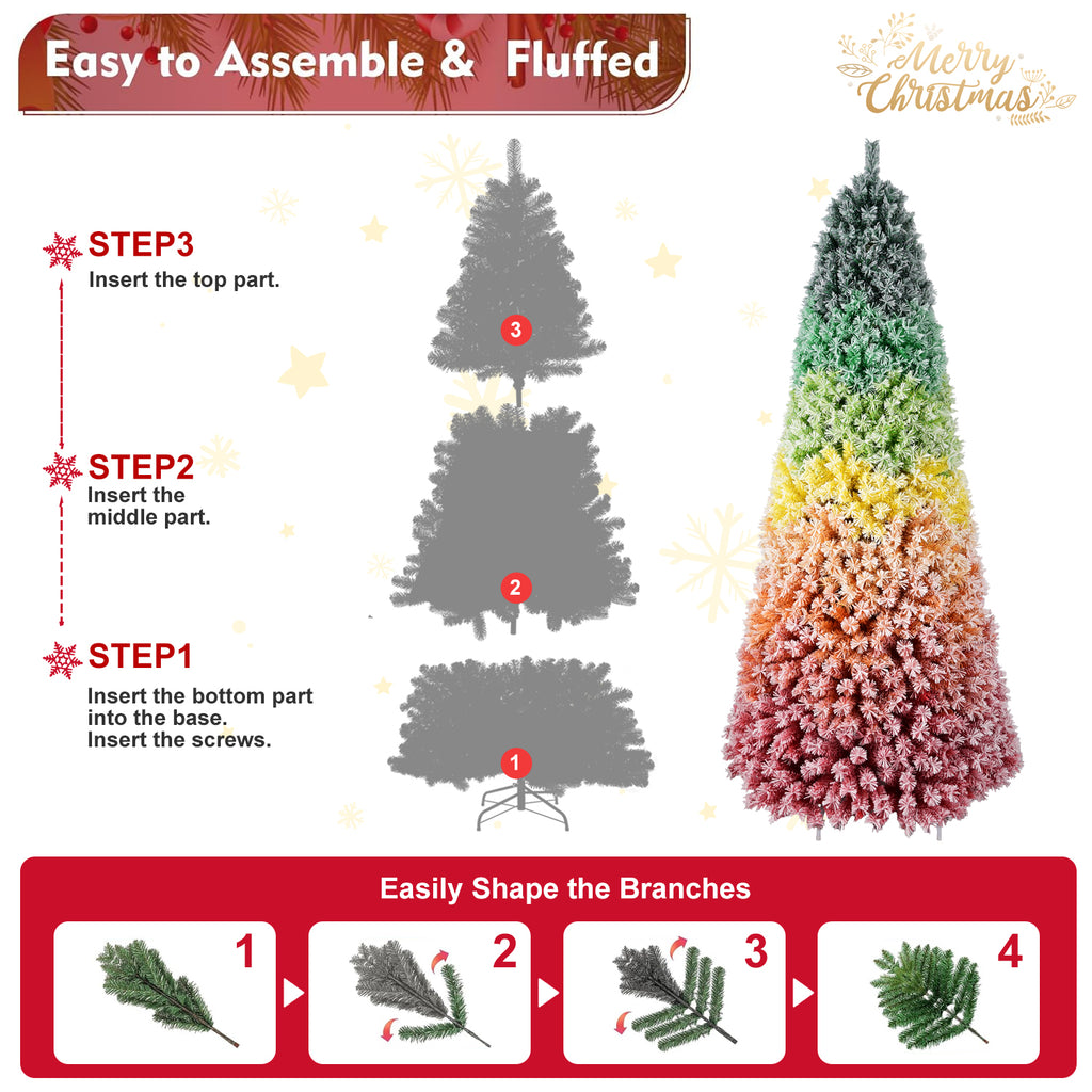 6FT/7.5FT Rainbow Gradient Christmas Tree, Snow Flocked Artificial Xmas Tree with Metal Stand for Holiday Decoration
