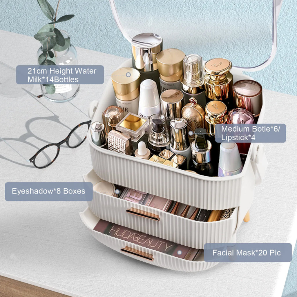 Makeup Organizers and Storage, vanity makeup organizer, cosmetic skincare storage, with lid and drawers, display case, countertop, white