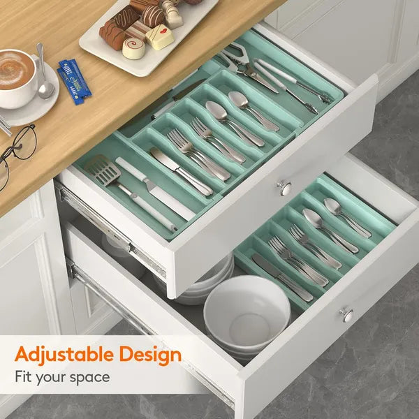 AEELLEEA Expandable Silverware Drawer Organizer Tray, Turquoise Adjustable Kitchen Utensil Holder for Flatware