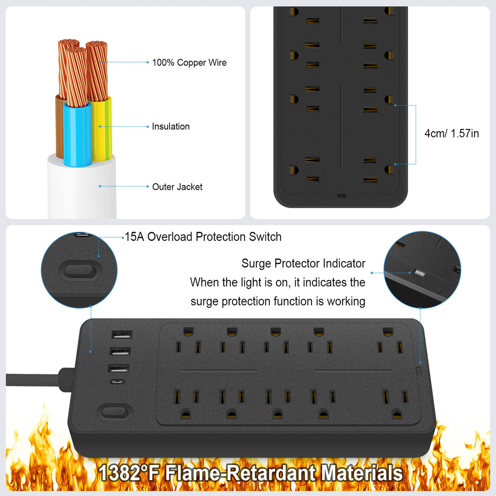 6 FT Surge Protector Power Strip, 10 Outlets 4 USB Ports(1 USB‑C), 14‑in‑1 Long Extension Cord, Flat Plug, 1700J, 1625W/13A, White