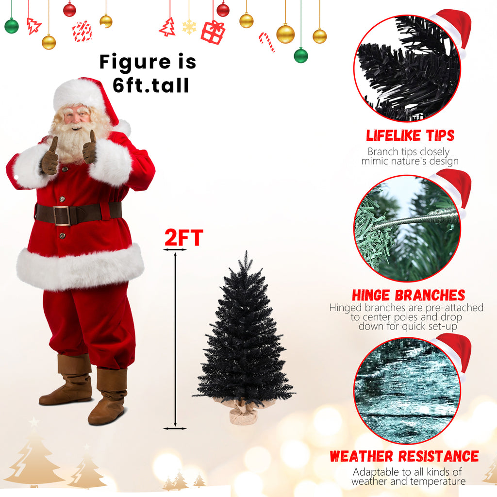 2ft Black Artificial Mini Christmas Tree, Small Tabletop Christmas Tree with Burlap Base, Hinged Branches for Home Table Holiday Halloween Xmas Decor