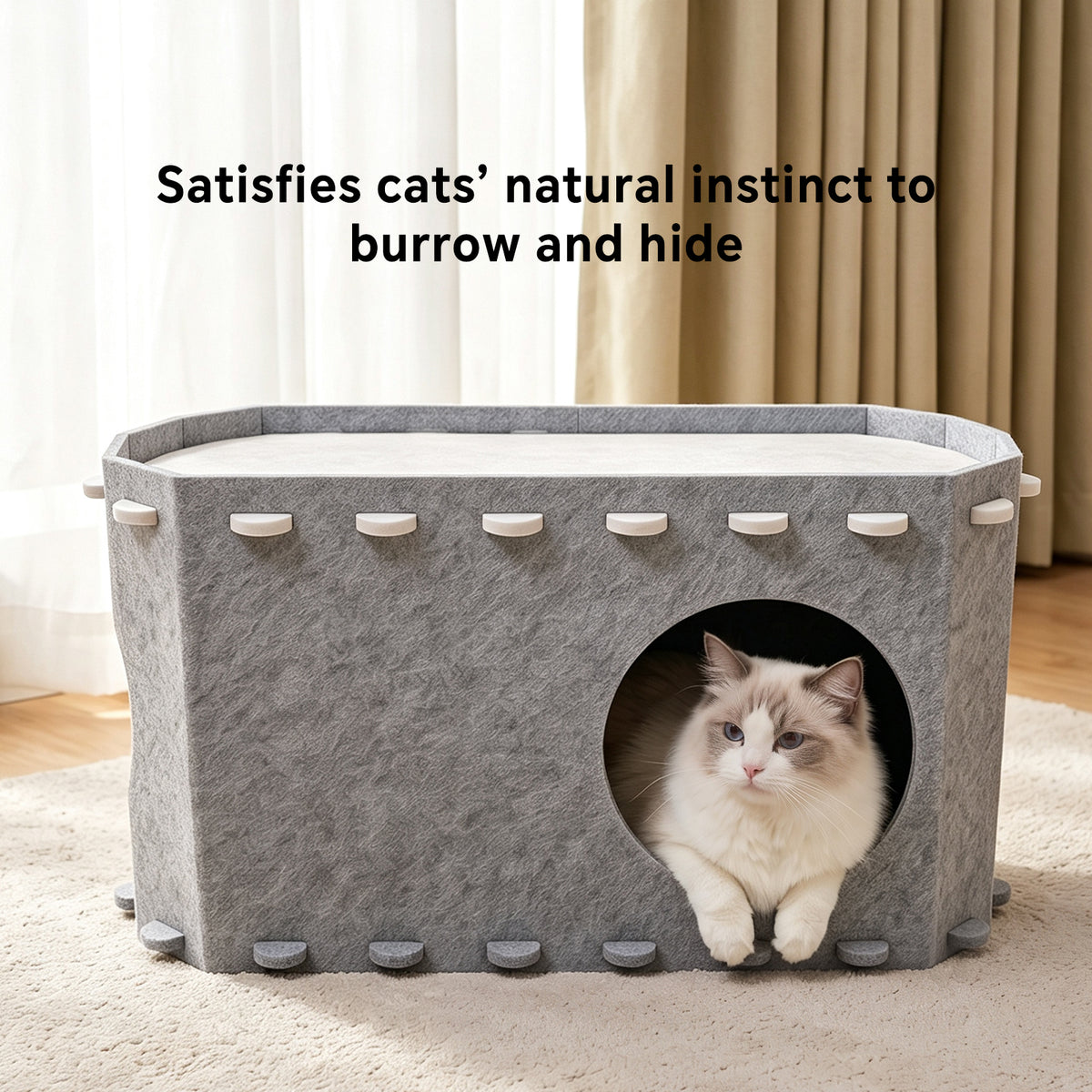 Felt Cat House for Indoor Cats, Peekaboo Cat Cave Bed with Cozy Hideaway and Multiple Openings, Light Gray