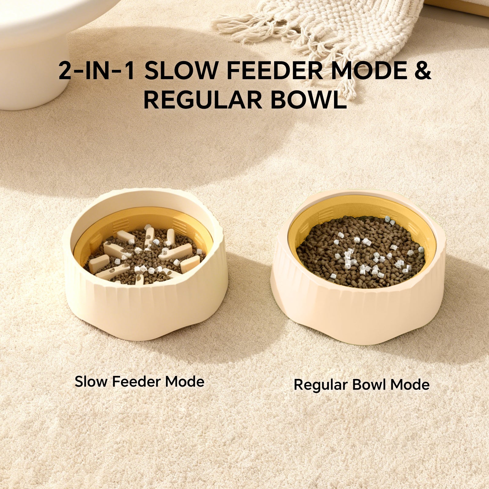 2-in-1 Convertible Slow Feeder Dog Bowl, Regular and Slow Mode for Fast Eaters, Anti-Bloat, Interactive Puzzle, Non-Slip for Small Medium Large Breed Dogs, Cats, Puppies, Pets, Creamy White
