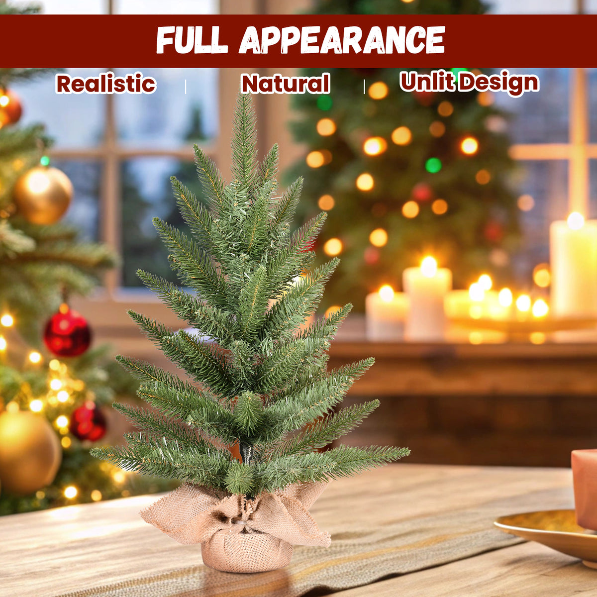 2FT Mini Tabletop Artificial Christmas Tree, 67 Branch Tips Realistic Unlit Pine Tree with Burlap Base, Holiday Decor for Home Office