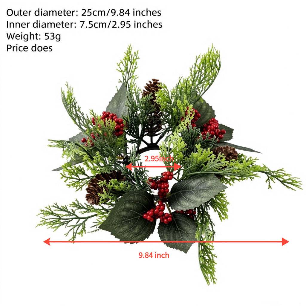 Christmas Candle Ring Wreath Set, Berry and Pine Branch Candle Holders, 2.95 in Inner Diameter Decorative Centerpieces for Table, Mantel and Wall Decor