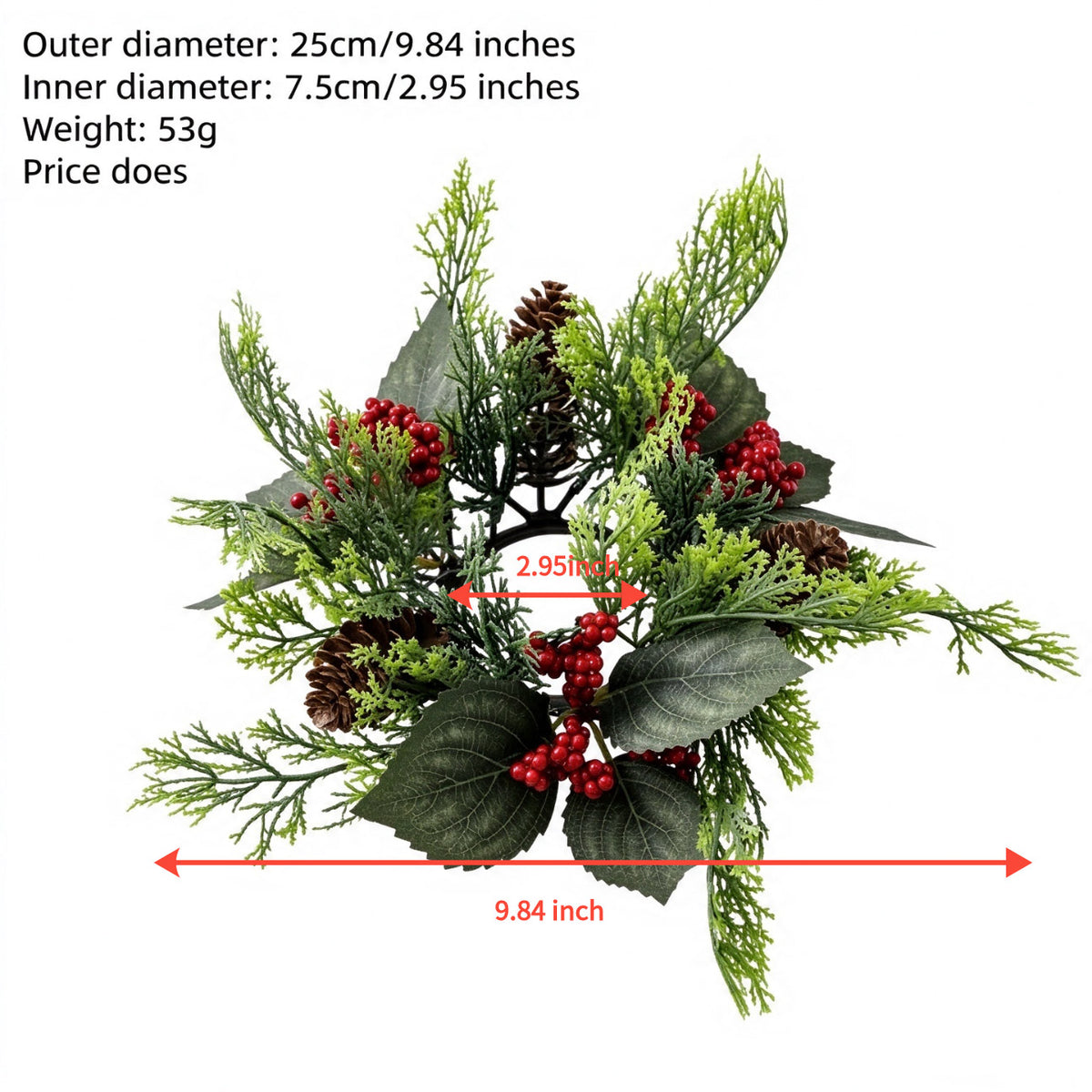 Christmas Candle Ring Wreath Set, Berry and Pine Branch Candle Holders, 2.95 in Inner Diameter Decorative Centerpieces for Table, Mantel and Wall Decor