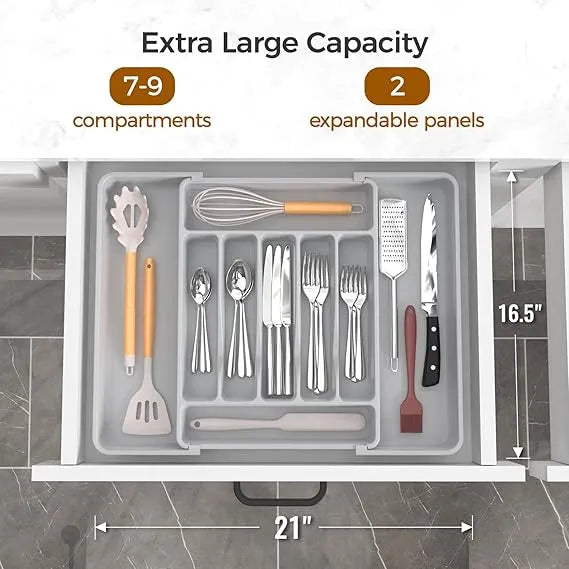 AEELLEEA Expandable Silverware Organizer Tray, Gray Adjustable Kitchen Drawer Utensil Holder for Flatware