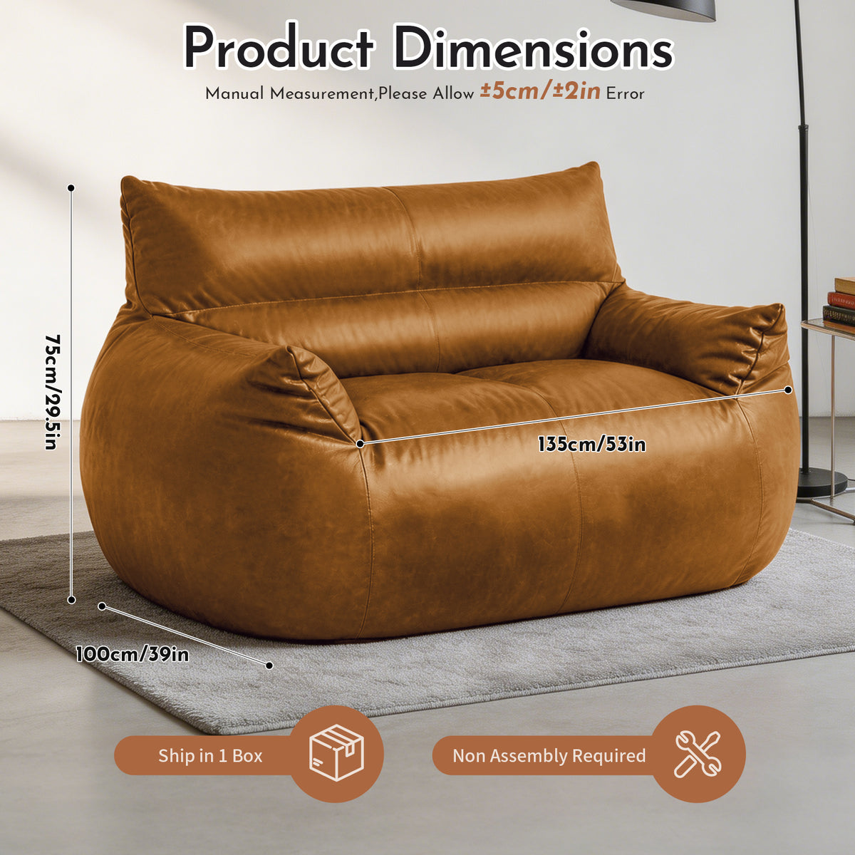 AEELLEEA 2-Seater Bean Bag Sofa, Faux Leather Loveseat with Foam Filling, Backrest and Armrests, Brown