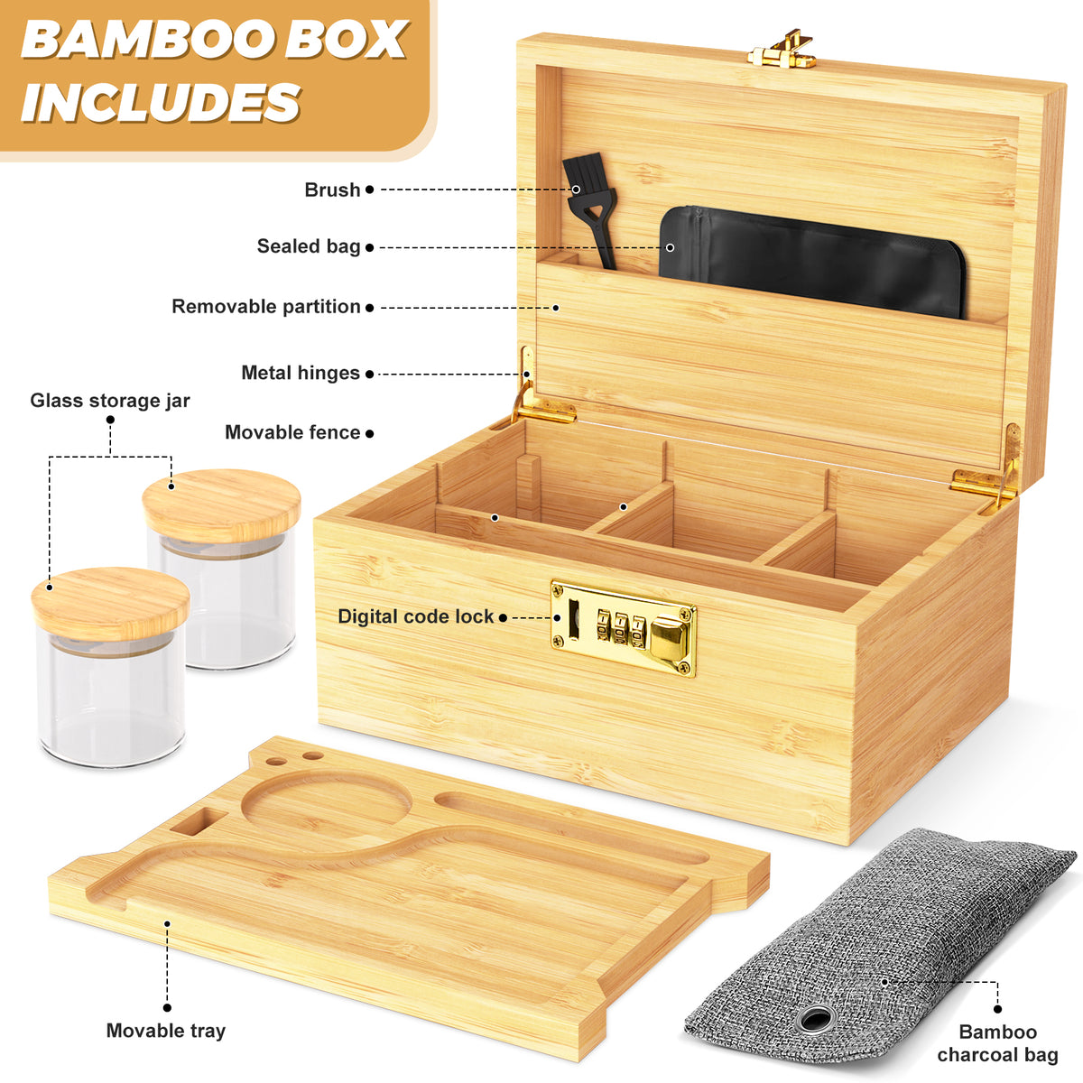 Premium Large Bamboo Box With Combination Lock Decorative Box For Home, Box Kit With Glass Jars And Organizer Tray - Storage Wood Box Accessories