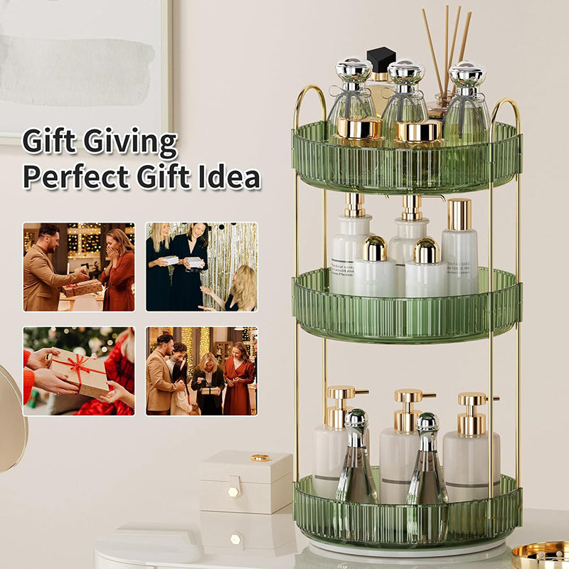 360° Rotating Perfume Organizer, 3-Tier Makeup Organizer and Storage, Large Capacity Cosmetic Holder, Bathroom Counter and Vanity Organizer, Green