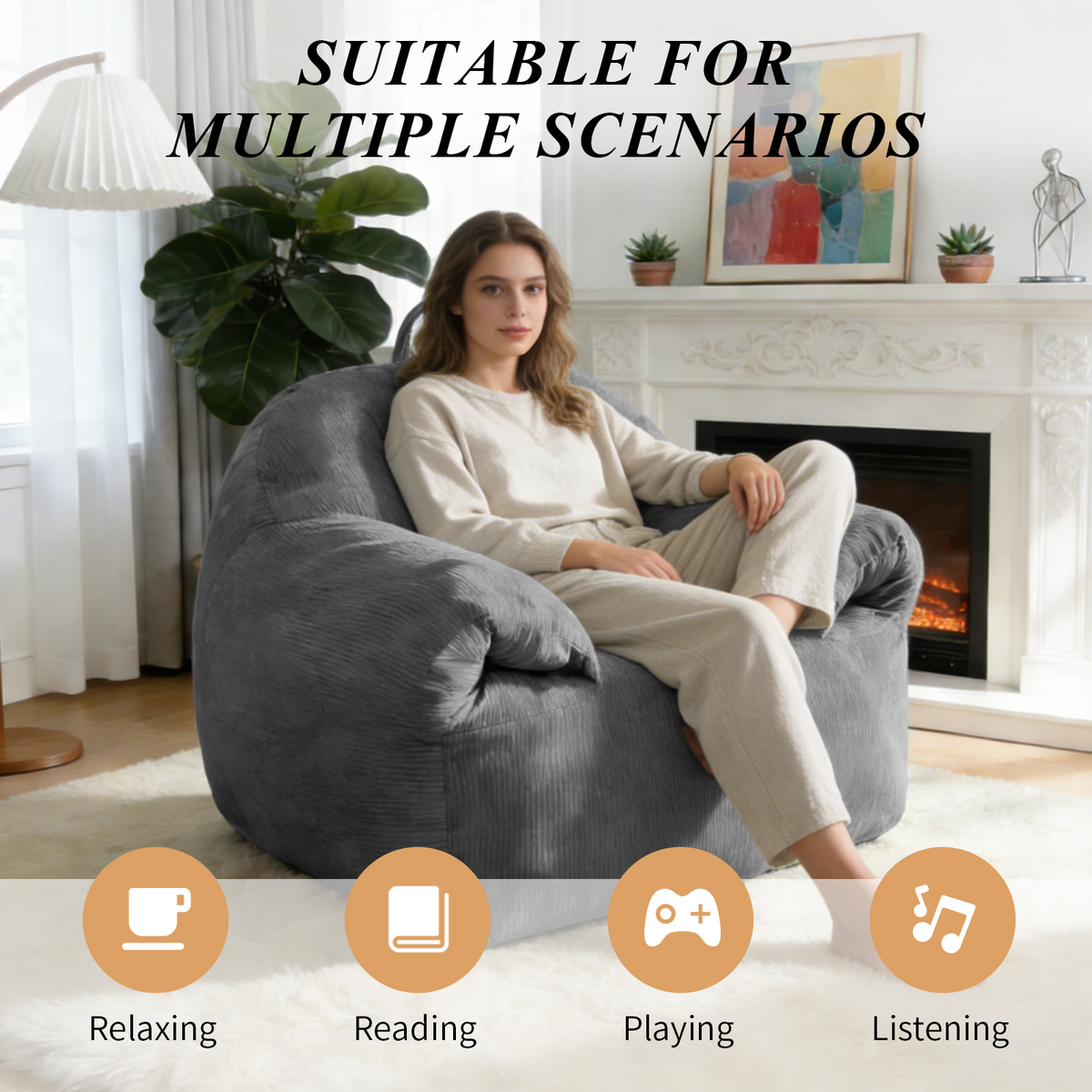 AEELLEEA 44.5" Oversized Bean Bag Chair, Corduroy Lounge Sofa with Armrests, High-Density Foam, Gray