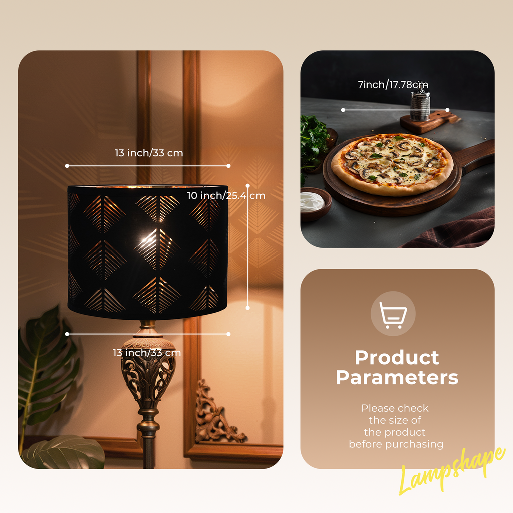Black Cutout Lampshades Set of 2, 13"×10" Drum Shades with Gold Inner Lining, Spider Fitter for Table & Floor Lamps