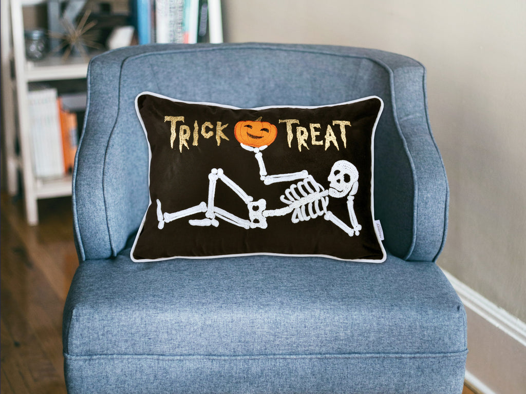 AEELLEEA 12x18 Inch Halloween Throw Pillow, Trick or Treat Skeleton Pumpkin Embroidered Lumbar Cushion for Sofa Couch Home Holiday Decor