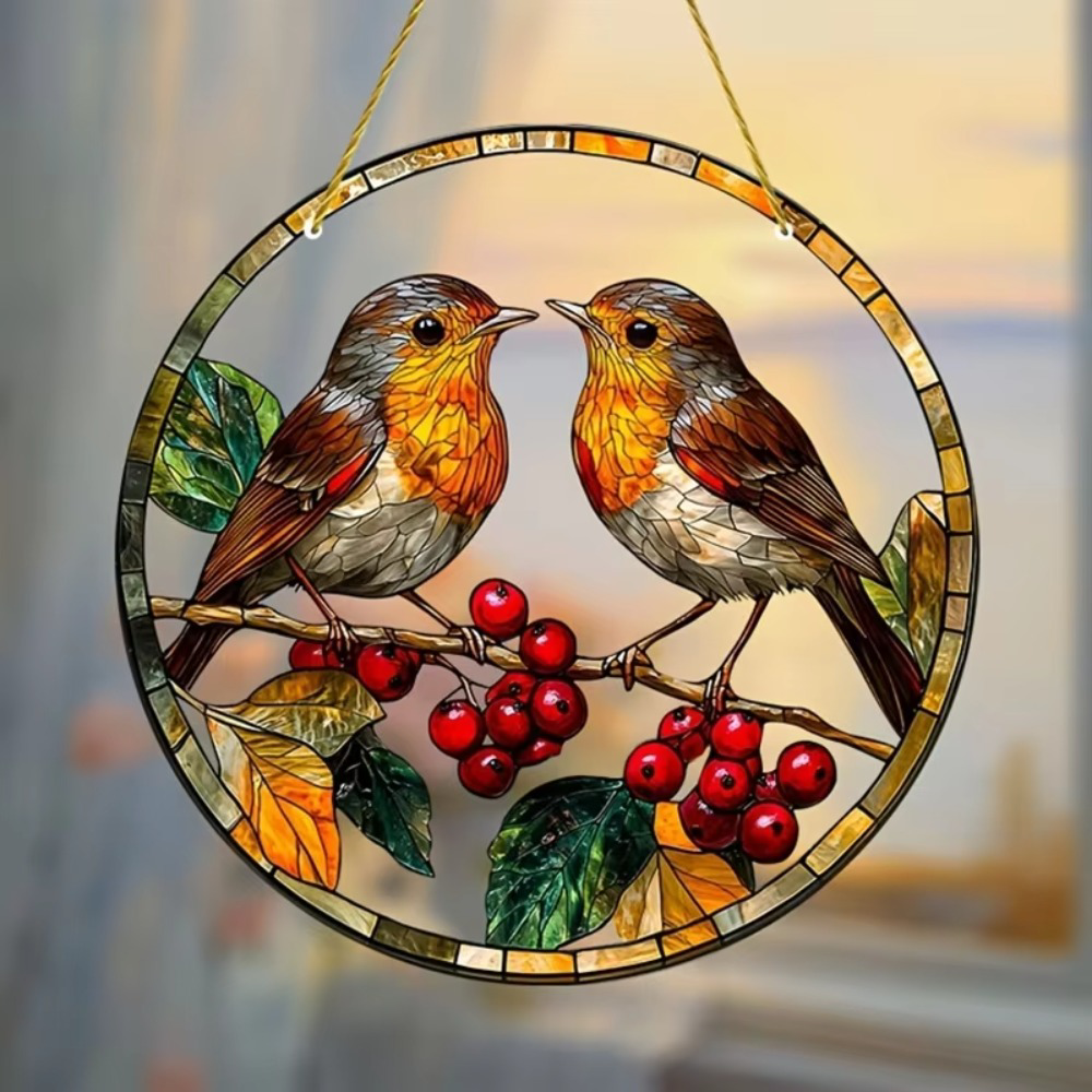 Robin Bird Suncatcher, Round Acrylic Window Hanging Ornament with Red Berry Leaf Pattern for Home Decor & Gift