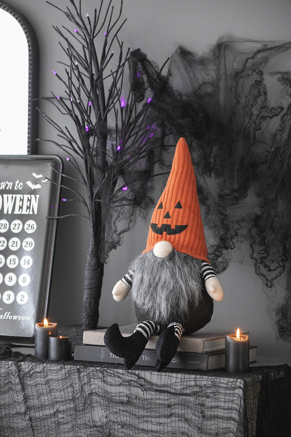 Halloween Gnome Decor, 23.5 Inch Fabric Sitting Plush Gnome with Orange Pumpkin Knit Hat, Black Striped Legs Farmhouse Tabletop Ornament for Holiday Home Party Decoration