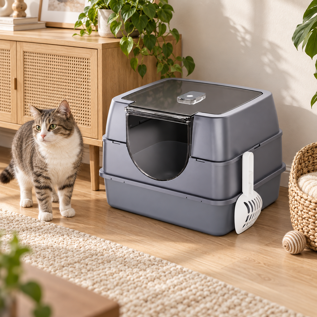 Fully Enclosed Hooded Cat Litter Box with Flip Top Lid, Odor Control Large Kitty Litter Pan with Scoop for Indoor Cats