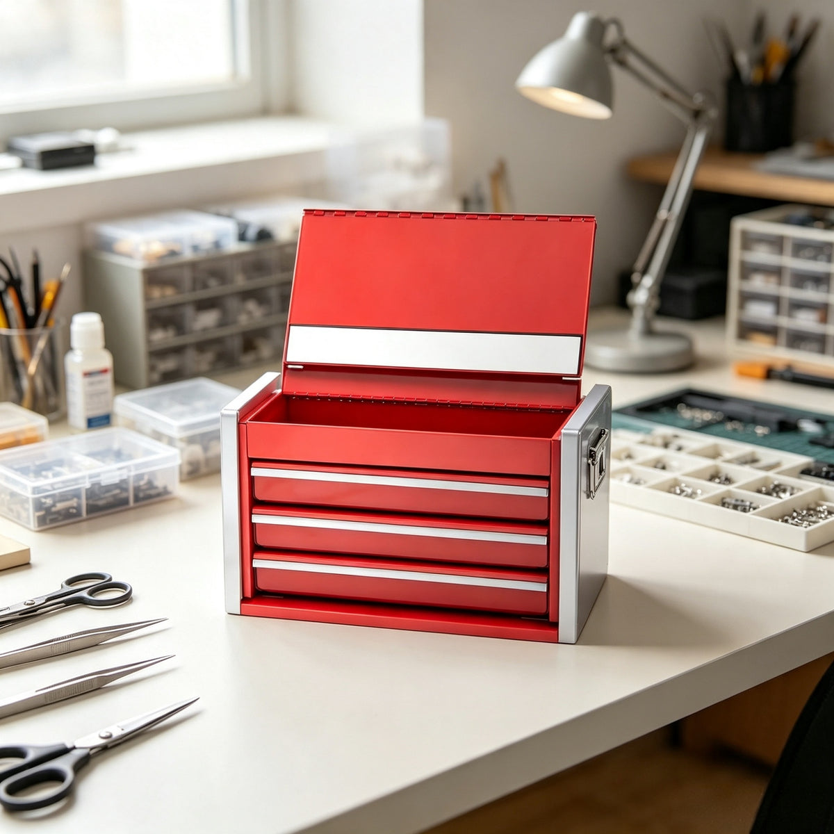 Mini Metal Tool Box with 3 Drawers, Powder Coated Steel Small Storage Chest with Magnetic Lid, Portable Desktop Organizer for Tools, Jewelry & Craft Supplies