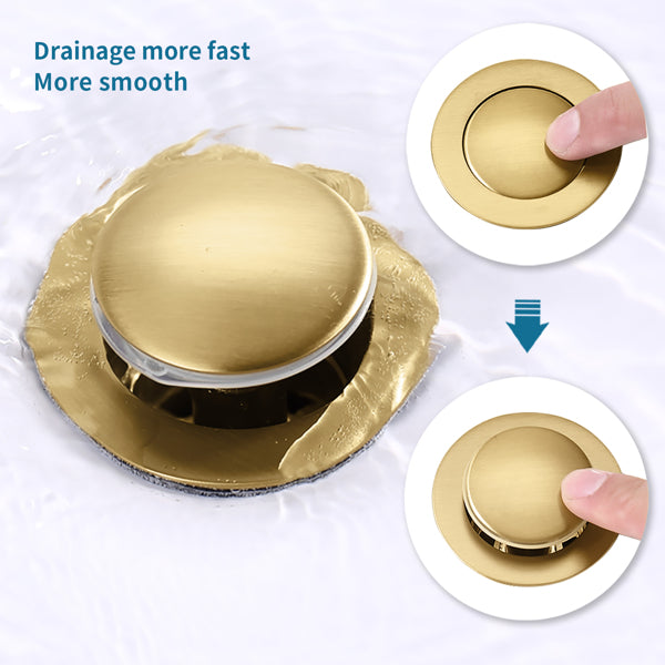 Gold Pop Up Sink Drain, Bathroom Vanity Drain with Overflow, Brushed Gold Stainless Steel Push Button Lavatory Drain Stopper