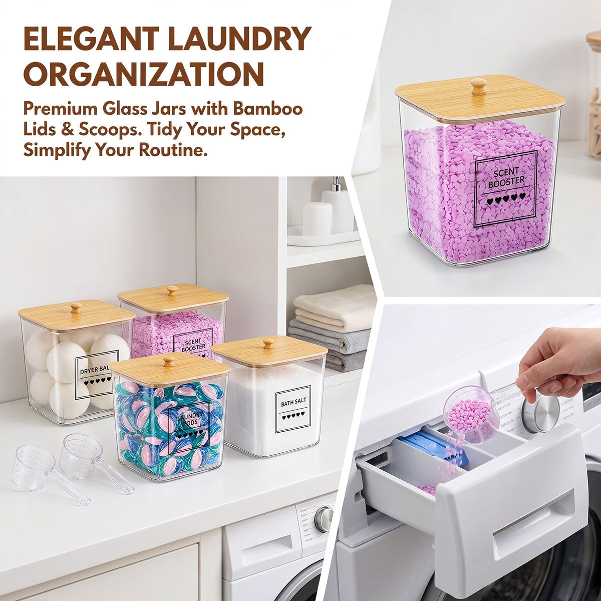 5-Piece Laundry Storage Container Set with Wooden Lids, Clear Acrylic Detergent and Laundry Pod Organizers with Labels