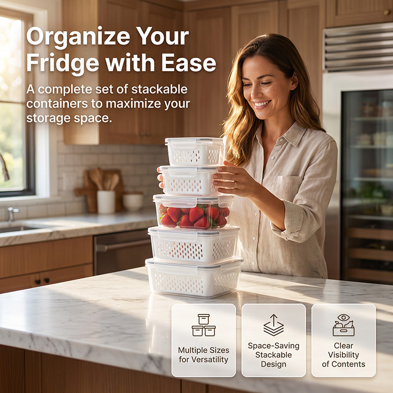 5 Pack Fruit Storage Containers for Fridge with Removable Colanders, Reusable Produce Organizer Bins for Berries, Vegetables and Refrigerator
