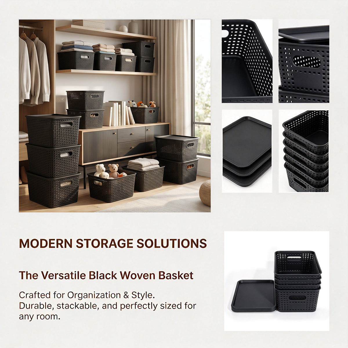 4-Pack Plastic Storage Bins with Lids, Stackable Storage Baskets for Shelves, Drawers, Closets, Playrooms, Classrooms and Offices