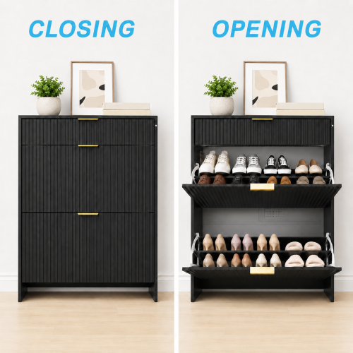 AEELLEEA Narrow Fluted Entryway Shoe Storage Cabinet, Freestanding Flip Drawer Shoe Rack with Gold Handles for Hallway Bedroom
