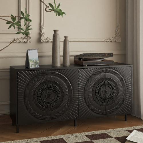 AEELLEEA Modern Black Sideboard Buffet Cabinet with 4 Doors, 3D Circular Pattern Storage Cabinet with Metal Legs for Dining Room