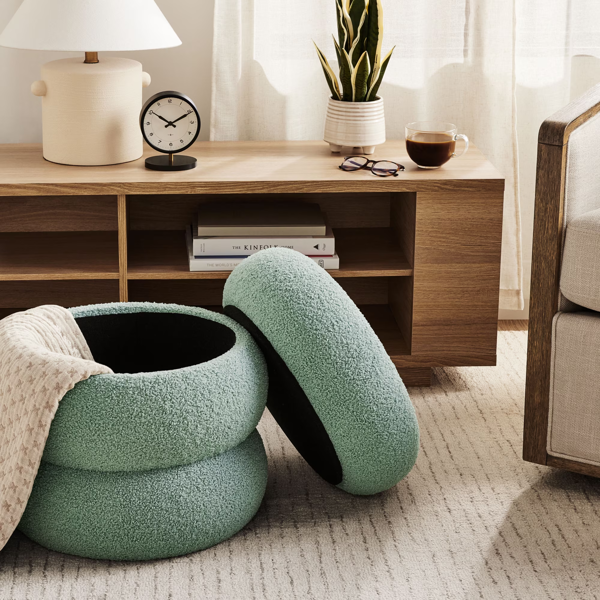 AEELLEEA 17" Round Boucle Storage Ottoman with Removable Lid, Upholstered Footstool for Living Room Bedroom, Light Green